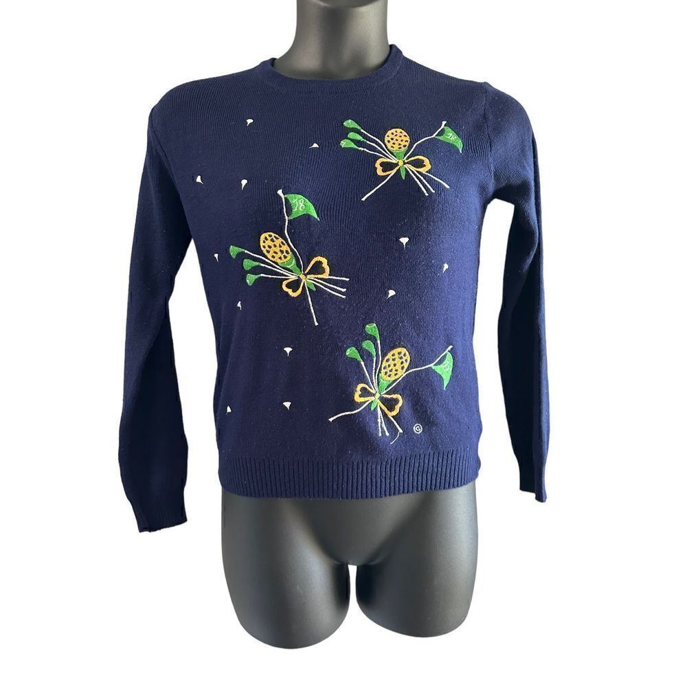 Women's Crewneck Knitted Embroidered Front Pullover Sweater Blue Medium
